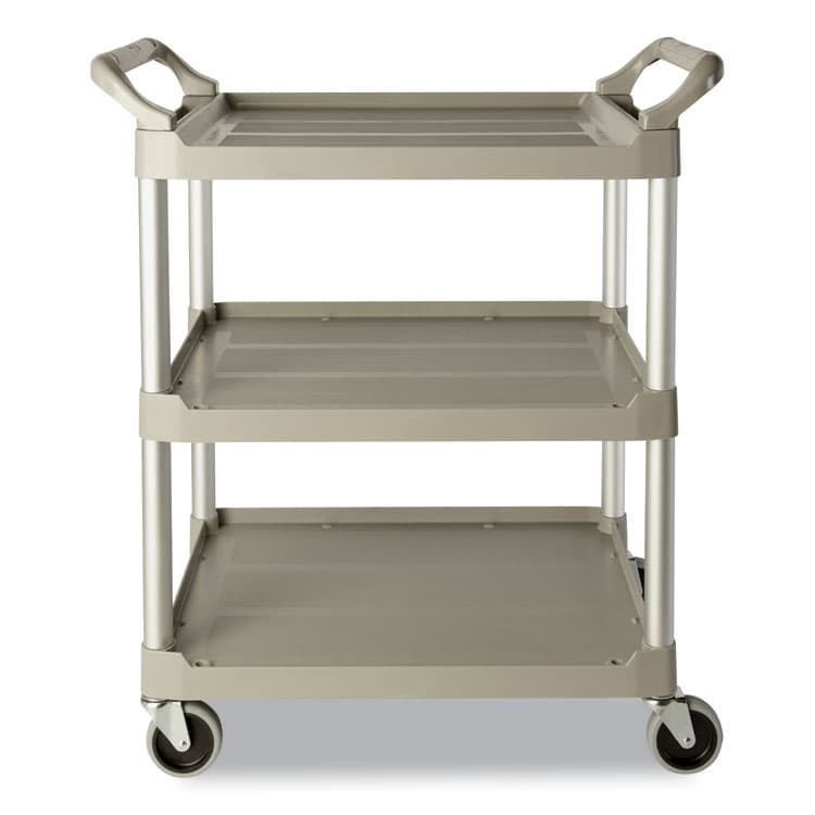 RUBBERMAID COMMERCIAL PROD. Three-Shelf Service Cart, Plastic, 3 Shelves, 200 lb Capacity, 18.63" x 33.63" x 37.75", Platinum (RCP342488PM)