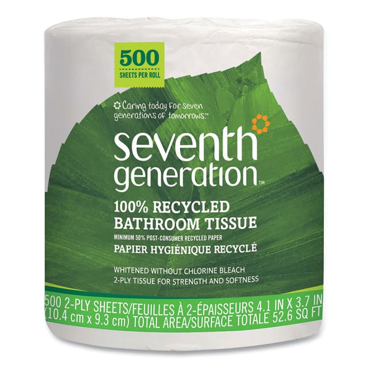 SEVENTH GENERATION 100% Recycled Bathroom Tissue, Individually Wrapped Rolls, Septic Safe, 2-Ply, White, 500 Sheets/Roll, 60 Rolls/Carton (SEV137038)