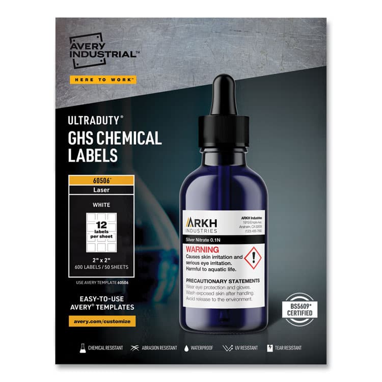 AVERY PRODUCTS CORPORATION UltraDuty GHS Chemical Waterproof and UV Resistant Labels, 2 x 2, White, 12/Sheet, 50 Sheets/Box (AVE60506)