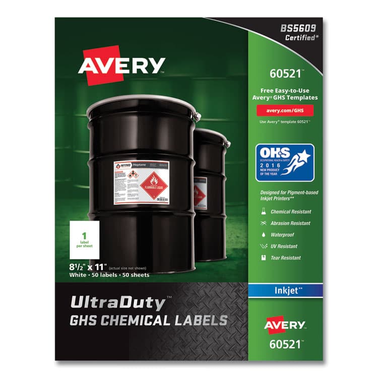 AVERY PRODUCTS CORPORATION UltraDuty GHS Chemical Waterproof and UV Resistant Labels, 8.5 x 11, White, 50/Pack (AVE60521)