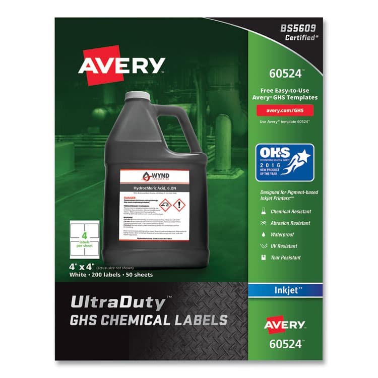 AVERY PRODUCTS CORPORATION UltraDuty GHS Chemical Waterproof and UV Resistant Labels, 4 x 4, White, 4/Sheet, 50 Sheets/Pack (AVE60524)
