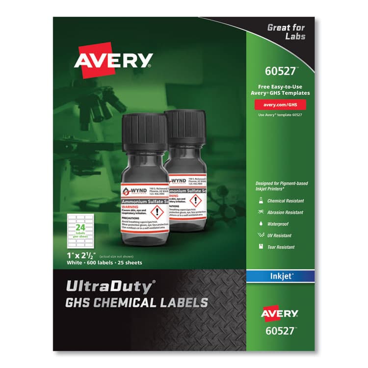 AVERY PRODUCTS CORPORATION UltraDuty GHS Chemical Waterproof and UV Resistant Labels, 1 x 2.5, White, 24/Sheet, 25 Sheets/Pack (AVE60527)