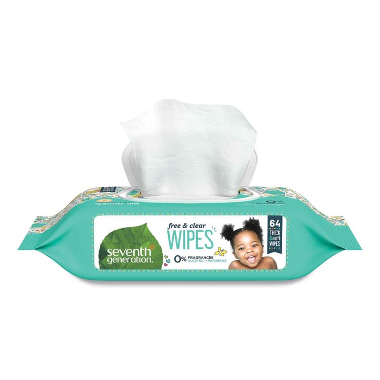 SEVENTH GENERATION Free and Clear Baby Wipes, 7 x 7, Unscented, White, 64/Flip Top Pack, 12 Packs/Carton (SEV34208CT)