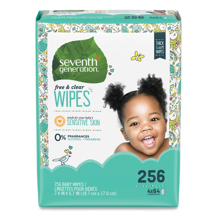 SEVENTH GENERATION Free and Clear Baby Wipes, Refill, 7 x 7, Unscented, White, 256/Pack (SEV34219)