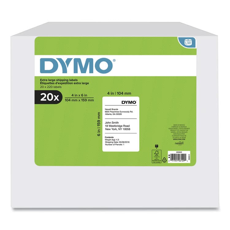 DYMO LW Extra-Large Shipping Labels, 4" x 6", White, 220 Labels/Roll, 20 Rolls/Box (DYM2050829) thumbnail 2