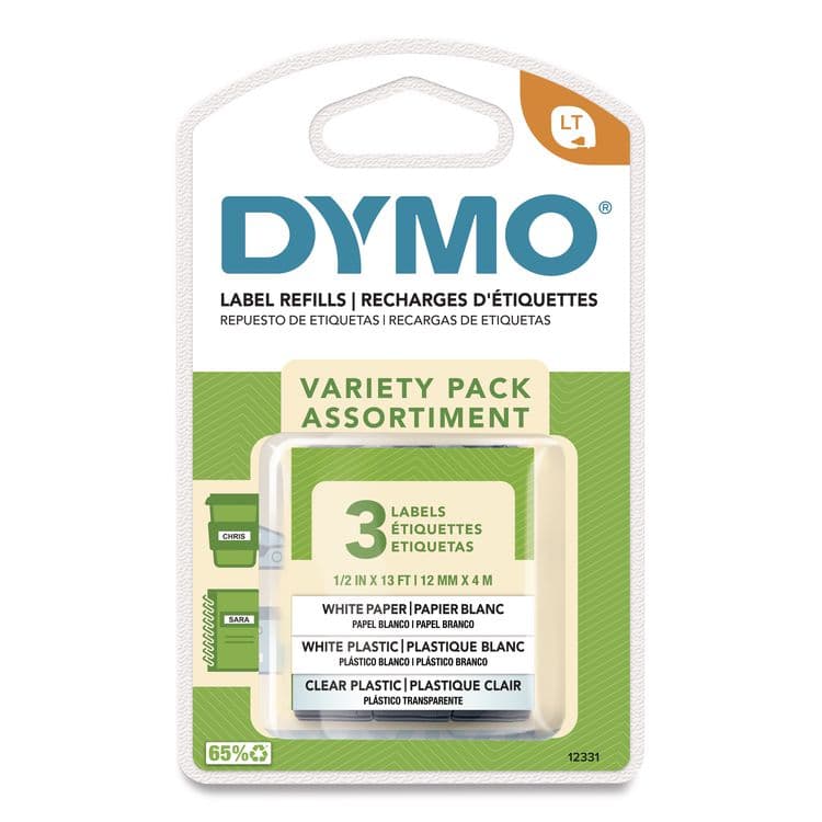 DYMO LetraTag Paper/Plastic Label Tape Value Pack, 0.5" x 13 ft, Assorted, 3/Pack (DYM12331)