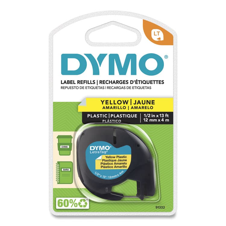 DYMO LetraTag Plastic Label Tape Cassette, 0.5" x 13 ft, Yellow (DYM91332)