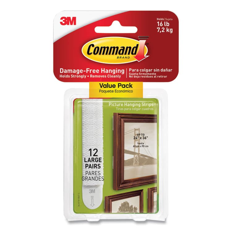3M/COMMERCIAL TAPE DIV. Damage-Free Hanging Picture Hanging Strip Pairs, Holds Up to 3.75 lb, Large: 0.75" x 3.65", White, 12/Pack (MMM1720612ES)