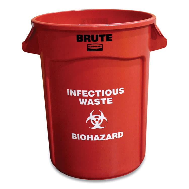 RUBBERMAID COMMERCIAL PROD. Vented Round Brute Container, "Infectious Waste: Biohazard" Imprint, 32 gal, Plastic, Red (RCP263294RED) thumbnail 2