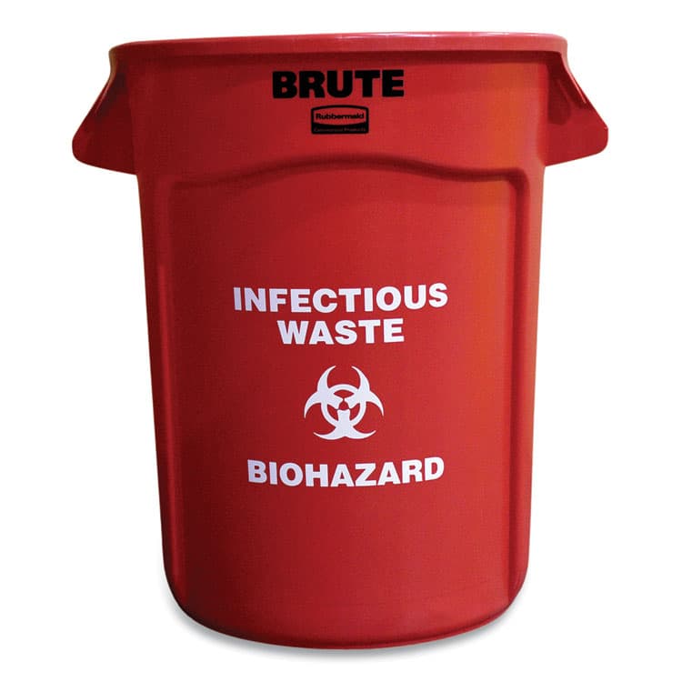 RUBBERMAID COMMERCIAL PROD. Vented Round Brute Container, "Infectious Waste: Biohazard" Imprint, 32 gal, Plastic, Red (RCP263294RED)
