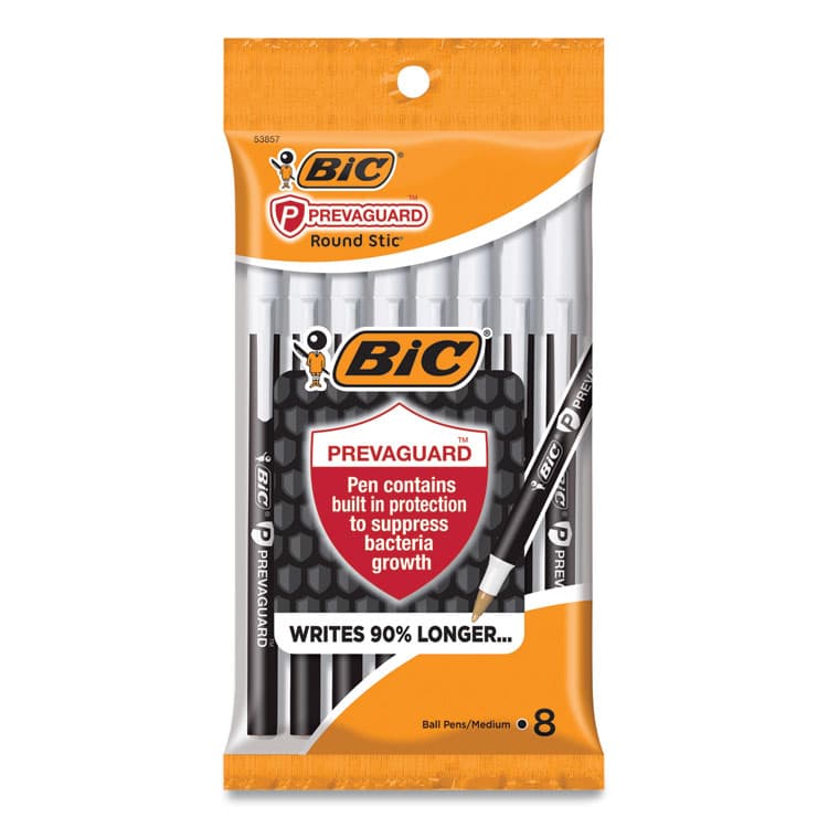BIC CORP. PrevaGuard Round Stic Ballpoint Pen, Stick, Medium 1 mm, Black Ink, Black Barrel, 8/Pack (BICGSAMP81BK) thumbnail 2