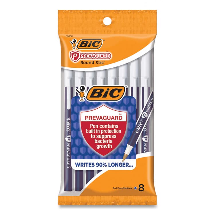 BIC CORP. PrevaGuard Round Stic Ballpoint Pen, Stick, Medium 1 mm, Blue Ink, Blue Barrel, 8/Pack (BICGSAMP81BE) thumbnail 2