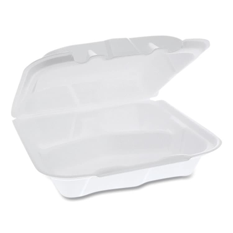 PACTIV EVERGREEN CORPORATION Vented Foam Hinged Lid Container, Dual Tab Lock, 3 Compartments, 8.4 x 8 x 3, White, 150/Carton (PCTYTD188030000) thumbnail 2