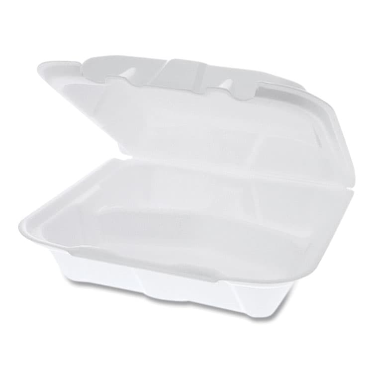 PACTIV EVERGREEN CORPORATION Vented Foam Hinged Lid Container, Dual Tab Lock, 3 Compartments, 8.4 x 8 x 3, White, 150/Carton (PCTYTD188030000) thumbnail 3
