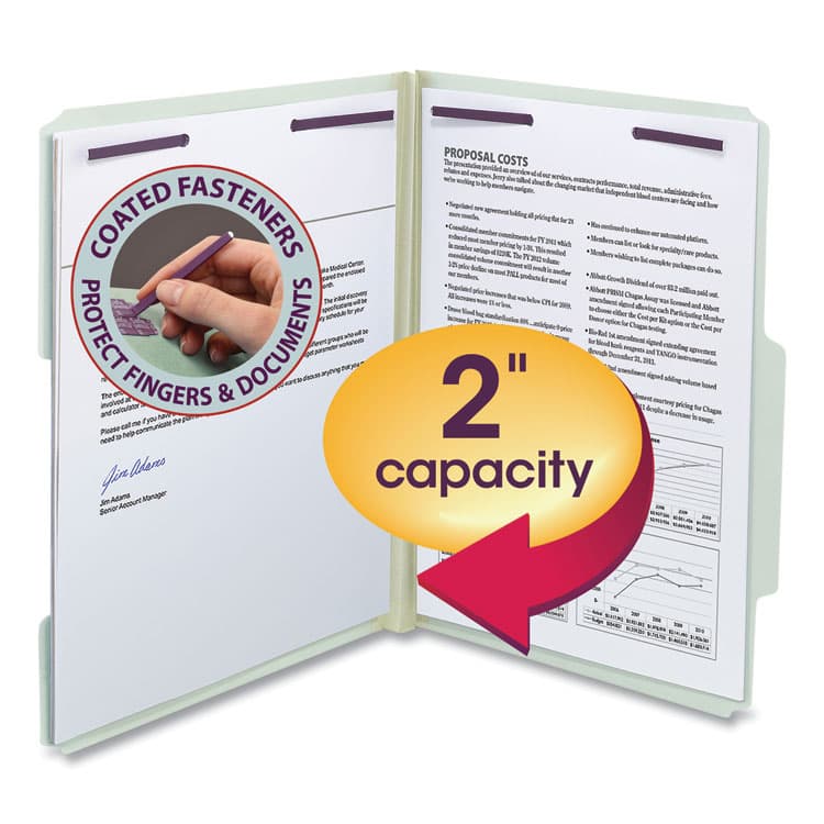 SMEAD MANUFACTURING CO. Recycled Pressboard Fastener Folders, 2/5 Tab: R of C, Expands 2", 2 SafeSHIELD Fasteners, Letter Size, Gray-Green, 25/Box (SMD14982)