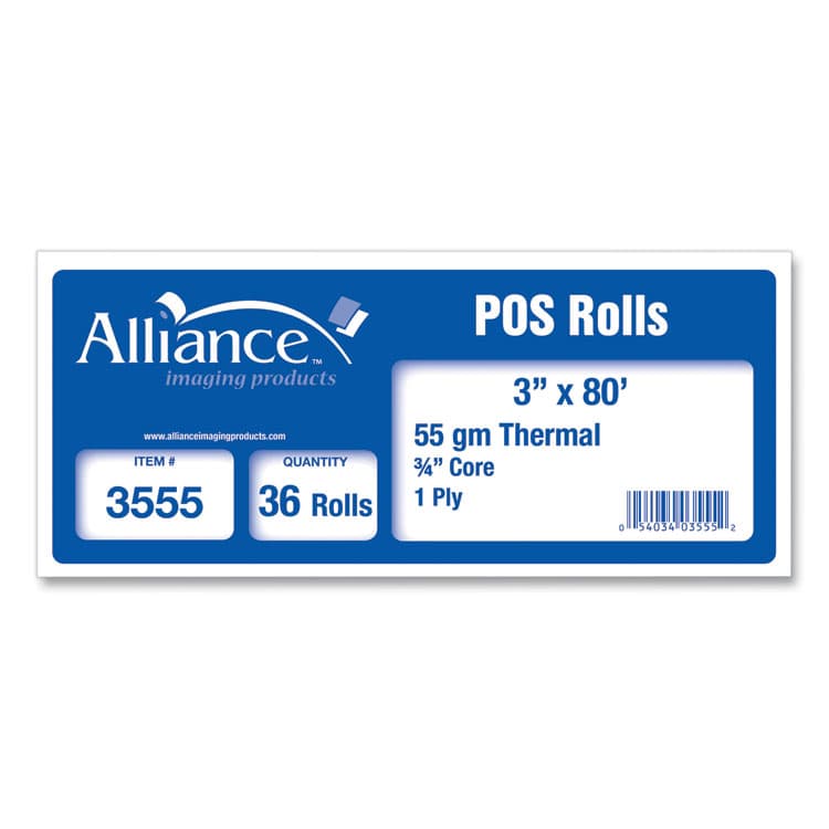 ALLIANCE Thermal Cash Register/POS Roll, 3" x 80 ft, White, 36/Carton (AIP3555) thumbnail 4
