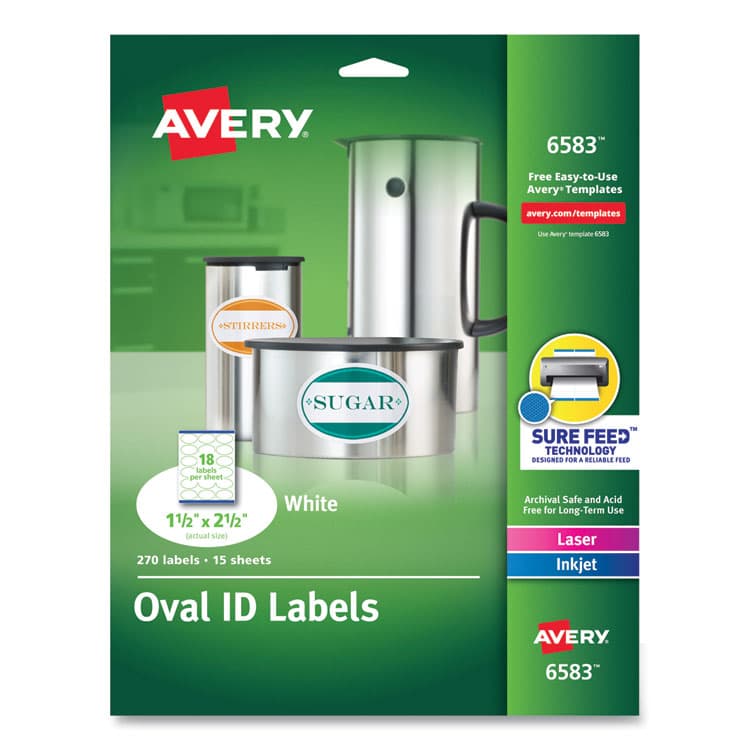 AVERY PRODUCTS CORPORATION Oval Print-to-the-Edge Labels, 1.5 x 2.5, White, 18/Sheet, 15 Sheets/Pack (AVE6583)