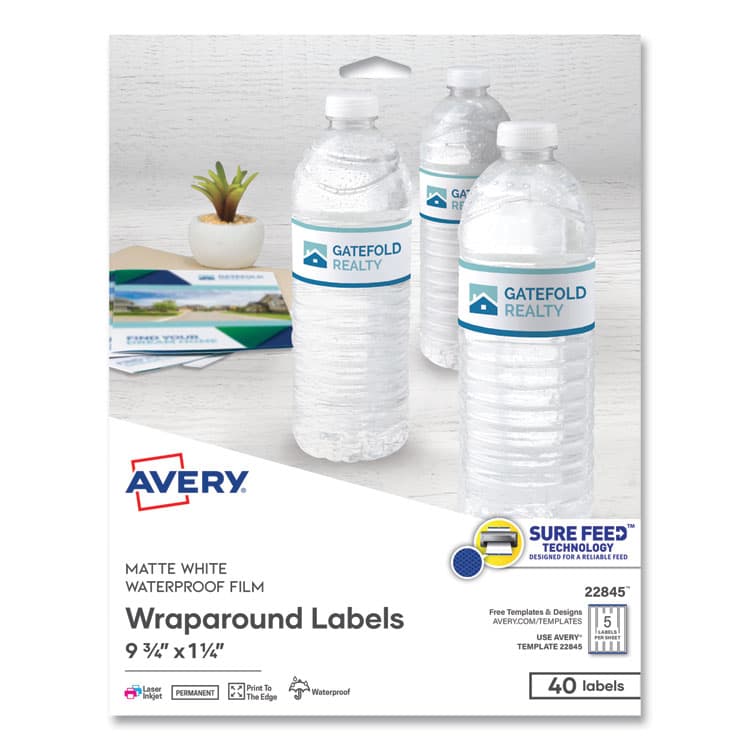 AVERY PRODUCTS CORPORATION Water-Resistant Wraparound Labels w/ Sure Feed, 9.75 x 1.25, White, 40/Pack (AVE22845)