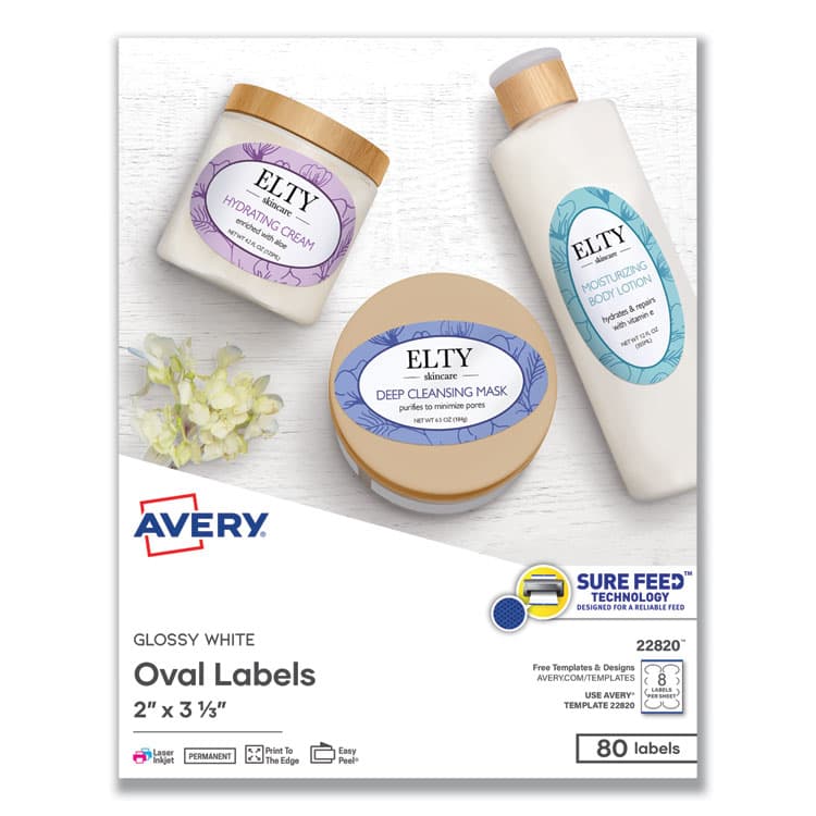 AVERY PRODUCTS CORPORATION Oval Labels w/ Sure Feed and Easy Peel, 2 x 3.33, Glossy White, 80/Pack (AVE22820)
