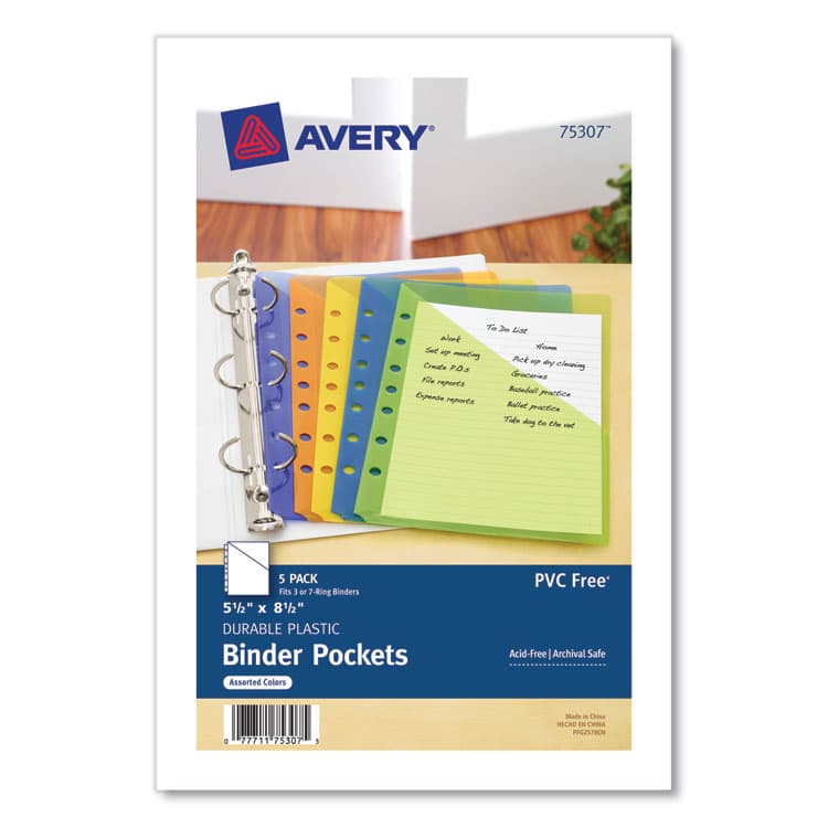AVERY PRODUCTS CORPORATION Small Binder Pockets, Standard, 7-Hole Punched, Assorted, 9.25 x 5.5, 5/Pack (AVE75307)