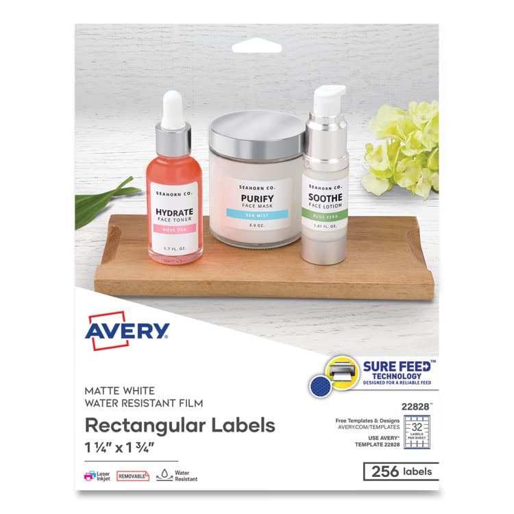 AVERY PRODUCTS CORPORATION Removable Durable White Rectangle Labels w/ Sure Feed, 1.25 x 1.75, 256/PK (AVE22828)