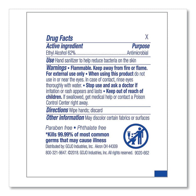 GO-JO INDUSTRIES Premoistened Sanitizing Hand Wipes, Individually Wrapped, 5 x 7, Unscented, White, 1,000/Carton (GOJ90211M) thumbnail 3