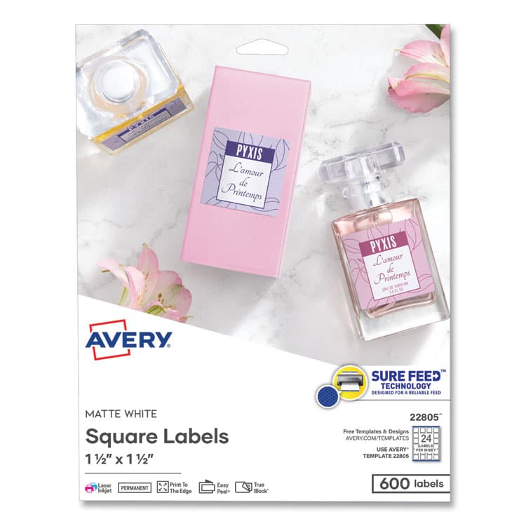 AVERY PRODUCTS CORPORATION Square Labels with Sure Feed and TrueBlock, 1.5 x 1.5, White, 600/Pack (AVE22805)