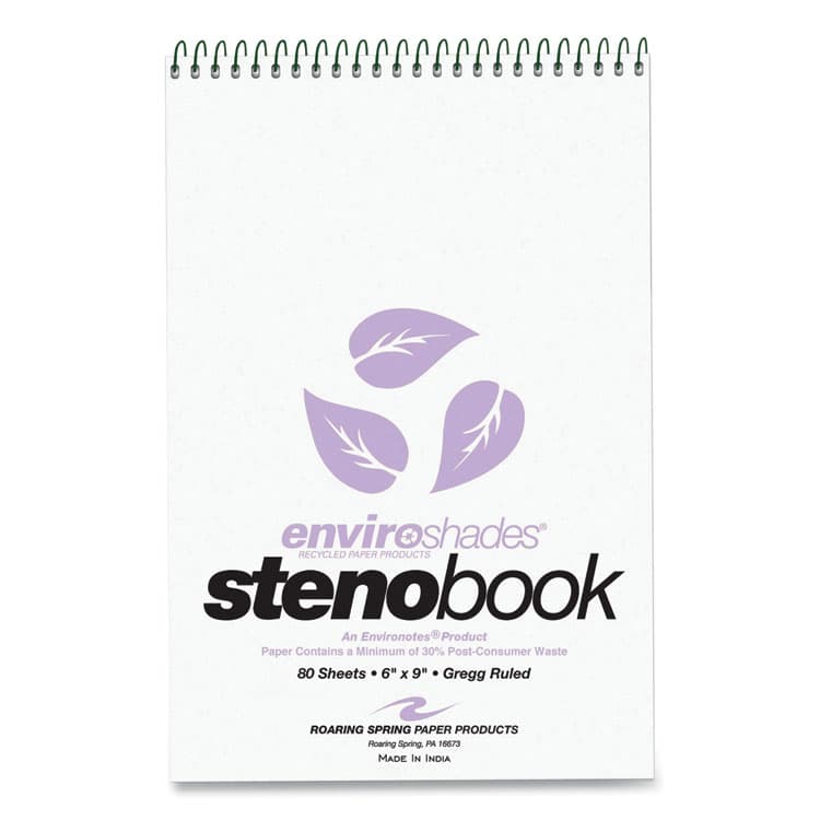 ROARING SPRING PAPER PRODUCTS EnviroShades Steno Notepad, White Cover, Gregg Rule, (80) Orchid 6 x 9 Sheets, 4/Pack (ROA12264)