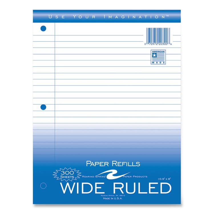 ROARING SPRING PAPER PRODUCTS Notebook Filler Paper, 3-Hole, 8 x 10.5, Wide/Legal Rule, 300/Pack (ROA20300)