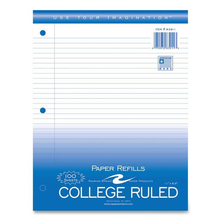 ROARING SPRING PAPER PRODUCTS Notebook Filler Paper, 3-Hole, 8.5 x 11, College Rule, 100/Pack (ROA83911)