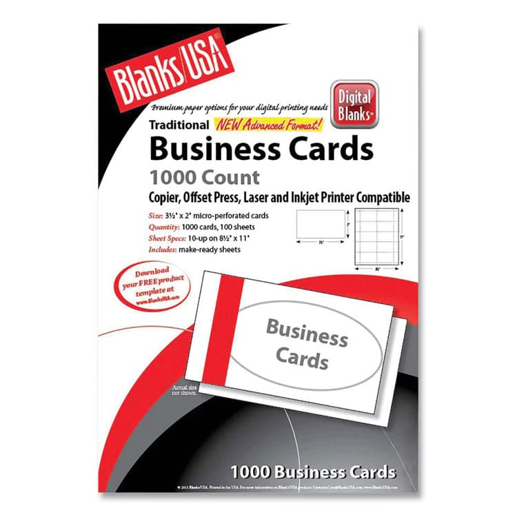 BLANKS/USA Printable Microperforated Business Cards, Copier/Inkjet/Laser/Offset, 2 x 3.5, White, 10/Sheet, 100 Sheets/Pack (BLABCT10B6WH)