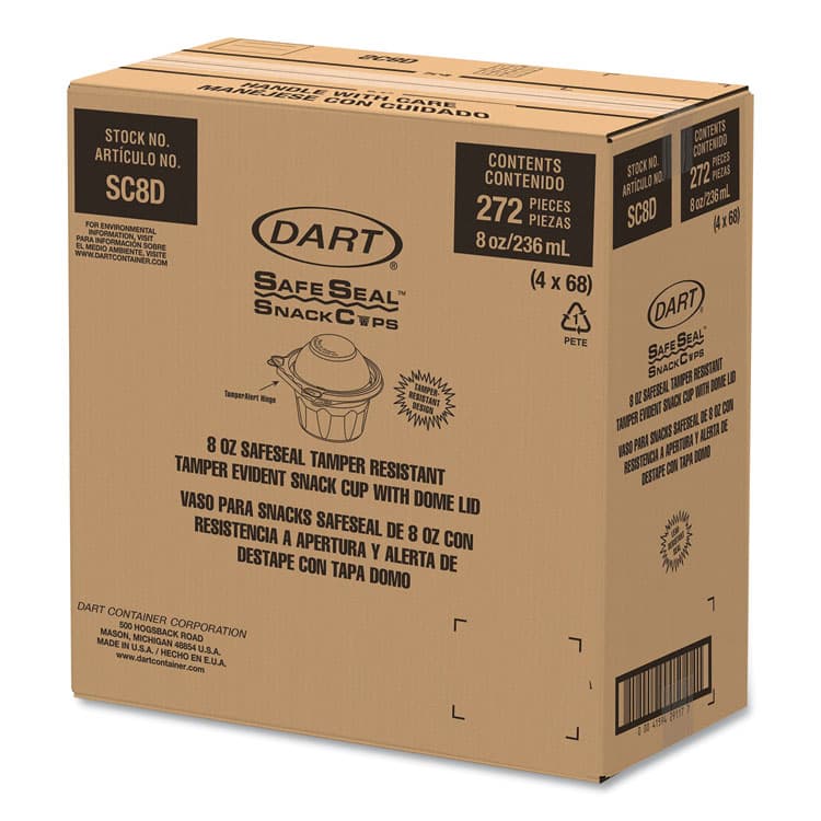 DART ClearPac SafeSeal Tamper-Resistant, Tamper-Evident Containers, Snack Cup, Domed Lid, 8 oz, Clear, Plastic, 272/Carton (DCCSC8D) thumbnail 4