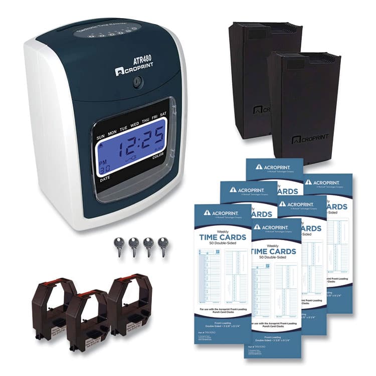 ACRO PRINT TIME RECORDER ATR480 Time Clock and Accessories Bundle, Digital Display, White/Charcoal (ACPTTB500)