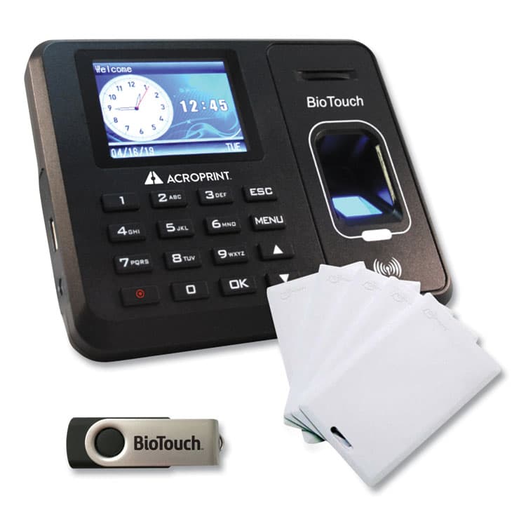 ACRO PRINT TIME RECORDER BioTouch Time Clock and Badges Bundle, 10,000 Employees, Black (ACPBTR150)