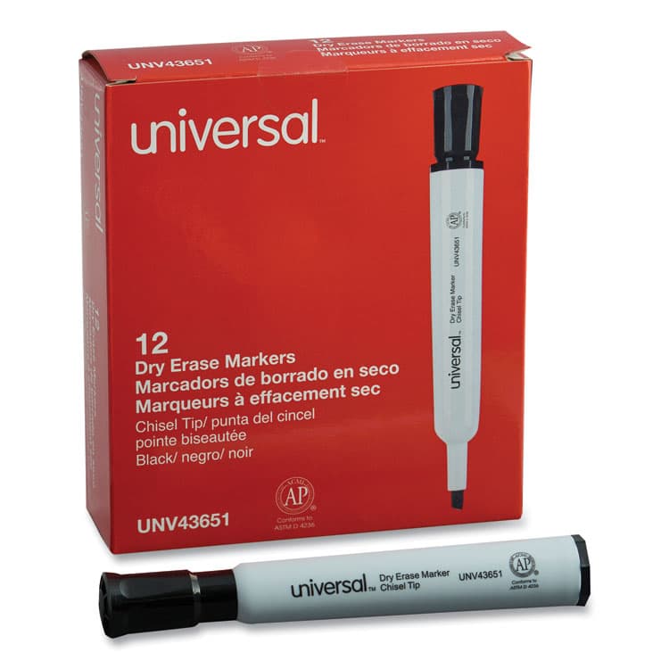 UNIVERSAL OFFICE PRODUCTS Dry Erase Marker, Broad Chisel Tip, Black, Dozen (UNV43651)