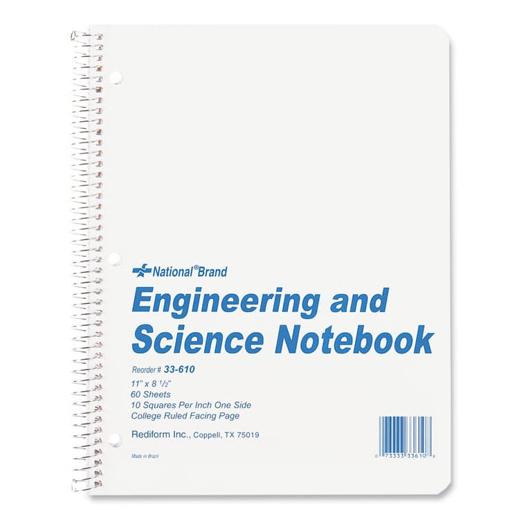 REDIFORM OFFICE PRODUCTS Engineering and Science Notebook, Quadrille Rule (10 sq/in), White Cover, (60) 11 x 8.5 Sheets (RED33610)