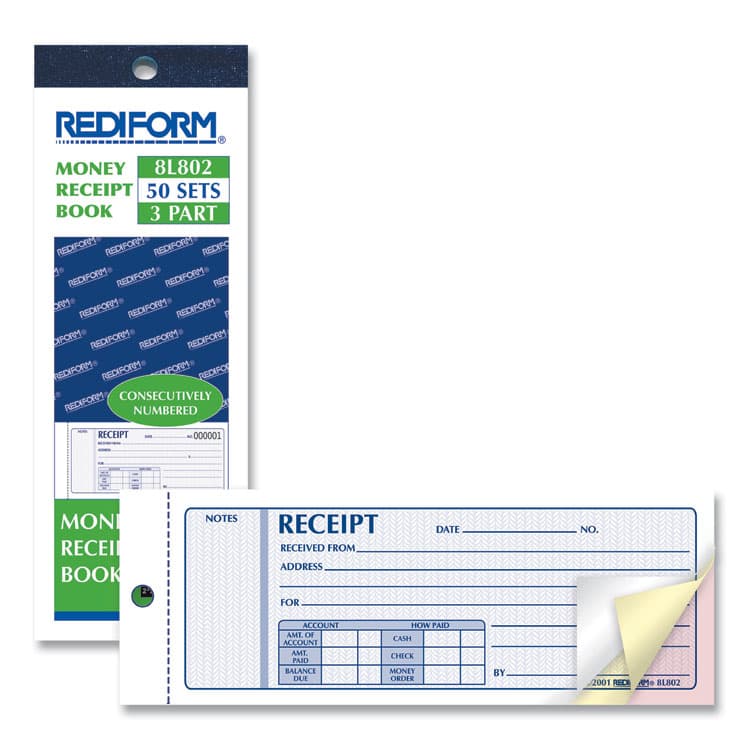 REDIFORM OFFICE PRODUCTS Receipt Book, Three-Part Carbonless, 7 x 2.75, 4 Forms/Sheet, 50 Forms Total (RED8L802) thumbnail 3