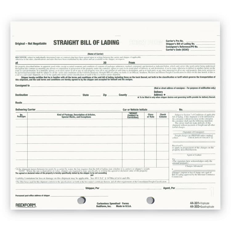 REDIFORM OFFICE PRODUCTS Snap-A-Way Bill of Lading, Short Form, Three-Part Carbonless, 7 x 8.5, 250 Forms Total (RED44301)