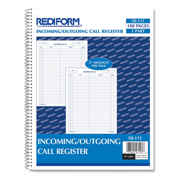REDIFORM OFFICE PRODUCTS Wirebound Call Register, One-Part (No Copies), 11 x 8.5, 100 Forms Total (RED50111)