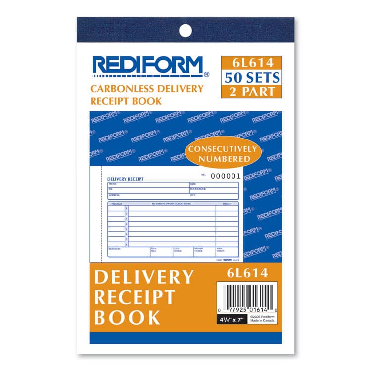REDIFORM OFFICE PRODUCTS Delivery Receipt Book, Three-Part Carbonless, 6.38 x 4.25, 50 Forms Total (RED6L614)