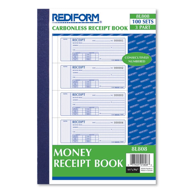 REDIFORM OFFICE PRODUCTS Money Receipt Book, Softcover, Three-Part Carbonless, 7 x 2.75, 4 Forms/Sheet, 100 Forms Total (RED8L808) thumbnail 2