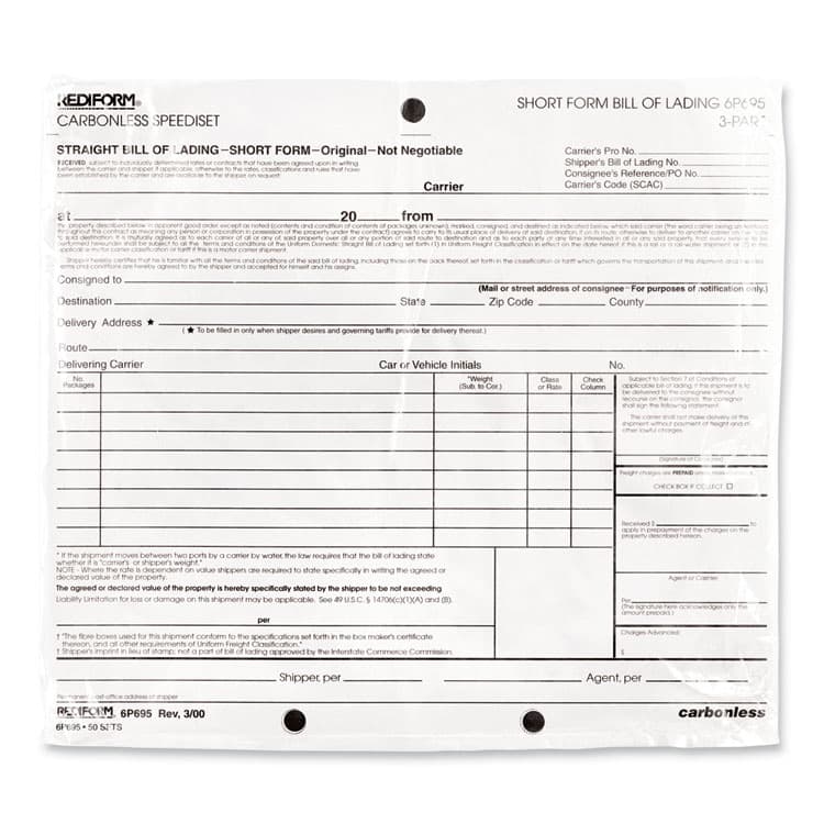 REDIFORM OFFICE PRODUCTS Speediset Bill of Lading, Short Form, Three-Part Carbonless, 7 x 8.5, 50 Forms Total (RED6P695) thumbnail 3