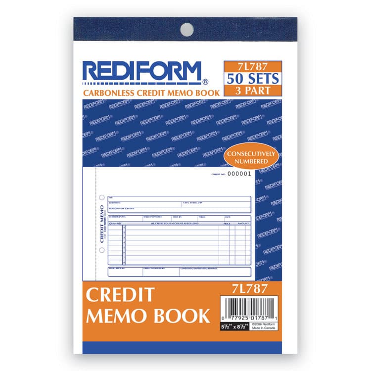 REDIFORM OFFICE PRODUCTS Credit Memo Book, Three-Part Carbonless, 5.5 x 7.88, 50 Forms Total (RED7L787)