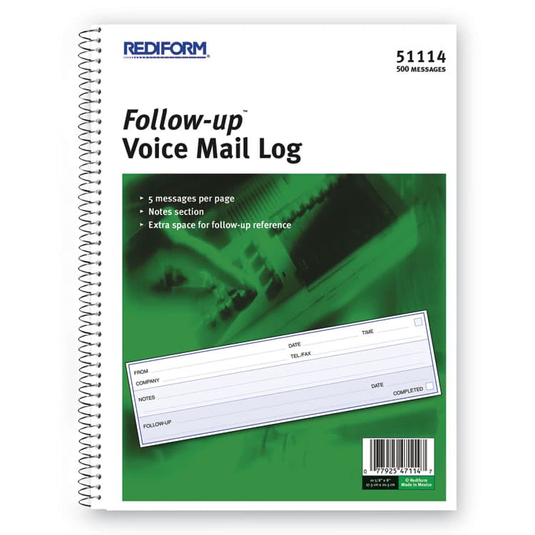 REDIFORM OFFICE PRODUCTS Follow-up Wirebound Voice Mail Log Book, One-Part (No Copies), 7.5 x 2, 5 Forms/Sheet, 500 Forms Total (RED51114)