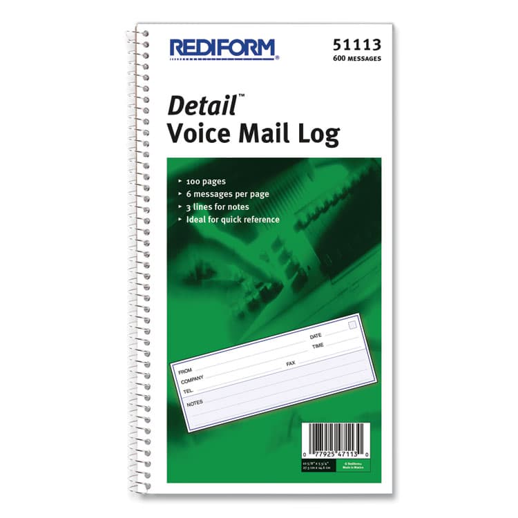 REDIFORM OFFICE PRODUCTS Detail Wirebound Voice Mail Log Book, One-Part (No Copies), 5 x 1.63, 6 Forms/Sheet, 600 Forms Total (RED51113)