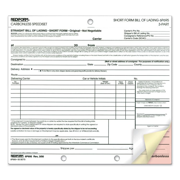 REDIFORM OFFICE PRODUCTS Speediset Bill of Lading, Short Form, Three-Part Carbonless, 7 x 8.5, 50 Forms Total (RED6P695) thumbnail 2