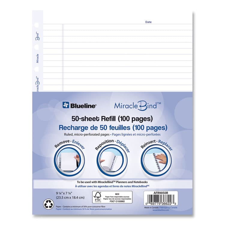 REDIFORM OFFICE PRODUCTS Ruled Paper Refill Sheets for all MiracleBind Notebooks and Planners, 9.25 x 7.25, White/Blue Sheets, Undated, 50/Pack (REDAFR9050R) thumbnail 3