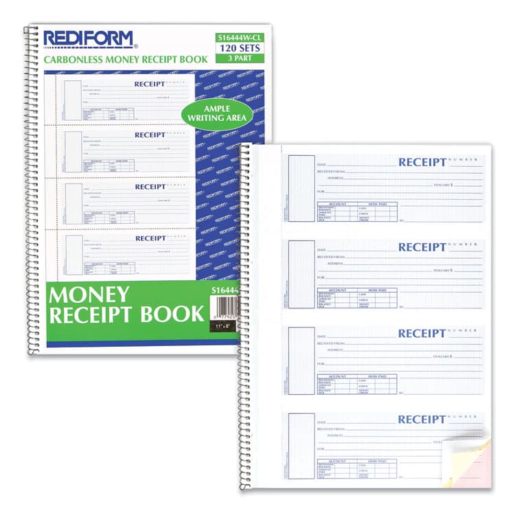 REDIFORM OFFICE PRODUCTS Spiralbound Unnumbered Money Receipt Book, Three-Part Carbonless, 7 x 2.75, 4 Forms/Sheet, 120 Forms Total (REDS16444WCL) thumbnail 3