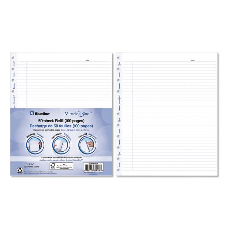 REDIFORM OFFICE PRODUCTS Ruled Paper Refill Sheets for all MiracleBind Notebooks and Planners, 11 x 9.06, White/Blue Sheets, Undated, 50/Pack (REDAFR11050R) thumbnail 2