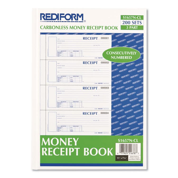 REDIFORM OFFICE PRODUCTS Durable Hardcover Numbered Money Receipt Book, Three-Part Carbonless, 6.88 x 2.75, 4 Forms/Sheet, 200 Forms Total (REDS1657NCL) thumbnail 2